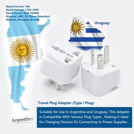 Adaptador de viaje de Estados Unidos a Argentina y Uruguay tipo I, enchufes de viaje para Argentina, universales a Brasil/Australia/Suiza tipo N, paquete de 2 (blanco)