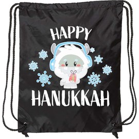 inktastic Happy Hanukkah with Yeti and Snowflakes Drawstring Bag Black 3342c
