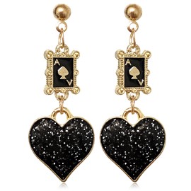 JIUIQL Unique Funny 18K Gold Plated Hypoallergenic Long Poker hearts and spades A Ace Playing Cards Dangle Drop Stud Earrings For Women Gambling Casino Jewelry Gift (Black 5)