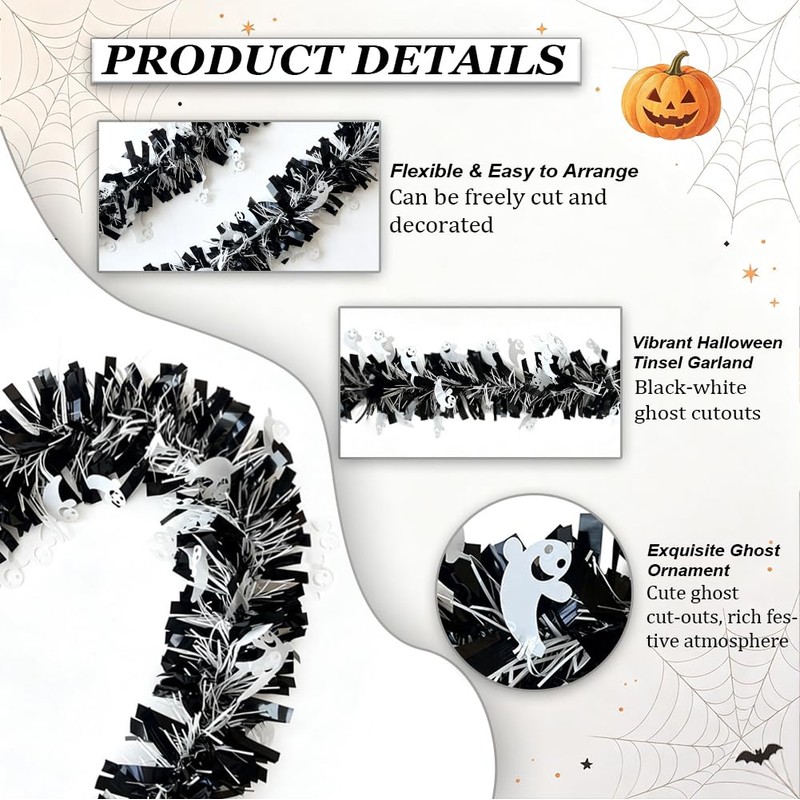 Halloween Tinsel Garland with Ghost Black Foil Metallic Xmas Tree