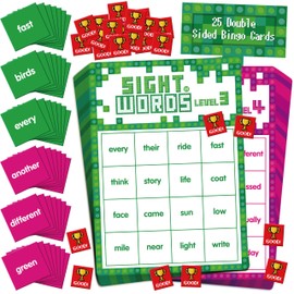 Sight Word Bingo Game, 144 Sight Words Learn to Read Level 3 & Level 4 Bingo Board Game Dolch's & Fry's Words Lists for Kindergarten and Preschool, Grade 1st, 2nd, Kids 4-8 (Up to 25 Players)