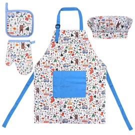 Chstarina Children's Apron Cotton, Adjustable Cooking Apron Cooking Hat Cooking Gloves Kitchen Apron Children's Apron Painting Apron Children Painting Apron Children Baking Set for Kitchen Cooking