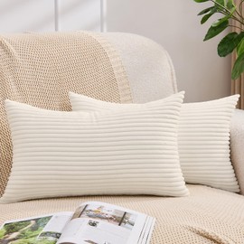 Yosodeko Set of 1 Beige Lumbar Decorative Throw Pillow Cover 14x24 Inch for Sofa Living Room Couch Bed, Modern Farmhouse Home Decor, Soft Striped Corduroy Rectangle Cushion Case 35x60 cm