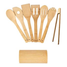 PARATO2 Set  Utensilios De Cocina De Bambú 8 Piezas Con Pinza Y Base