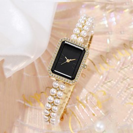 BESTKANG Elegant Pearl Watches for Women Small Square Dial Analog Quartz Watch Pearl Strap Diamonds Bracelet Dress Women's Watch (Gold Black)