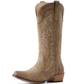 IUV Cowboy Boots for Women Mid Calf Fashion Cowgirl Boots with Embroidery Western Snip Toe