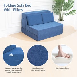 Ressainic Folding Sofa Bed Chair with Pillow,Convertible Fold Out Chair Bed Sleeper,Foam Floor Mattress, Foldable Futon Couch Bed for Living Room/Dorm/Guest/Office (Blue, Twin XL)