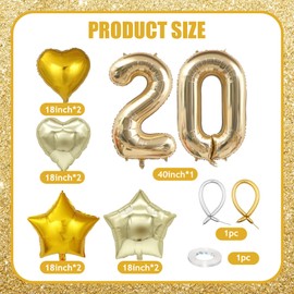 SKTMH 15Pcs 20th Birthday Party Balloons, Champagne Gold 20 Number Balloons Light Gold 20 Balloons Number 20 Balloons Decor, Foil Star Heart Balloons Long Balloons for Birthday Anniversary Baby Shower