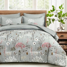 Yiran Grey Floral Comforter Set Queen Size, 7 Piece Spring Dandelion Plant Botanical Comforter Bedding Set, Bed in a Bag Queen, Soft Microfiber Complete Bedding Set with Sheets for All Season