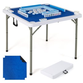 GYMAX Mahjong Table Foldable with Mahjong Mat, 4-Player Square Domino Table w/Cup Holders & Carrying Handle, Anti Slip Noise Reduction for Mahjong, Poker, Card Board Games (Pure Blue)