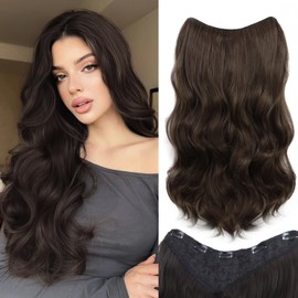 One Piece Clip in Hair Extensions XIXISNOW 24 Inch U-Shaped Long Dark Brown Synthetic Soft Less Tangling Invisible Wavy Clips on Harpieces For Women