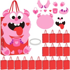 Resholder 18 Pcs DIY Funny Valentines Paper Bags for Kids Cute Candy Bags with Handle Classroom Gift Bag DIY Valentines Crafts for Kids Exchange Party Favors Gift Wrapping Activities(Red,Monster)
