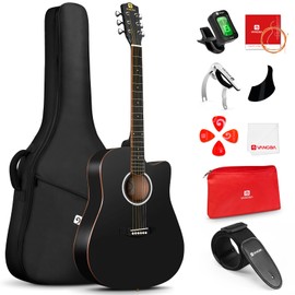 Vangoa 41" Acoustic Guitar Bundle for Adults Beginners Teens Dreadnought Full Size Cutaway Guitarra Acústica Kit with Wooden Bindings, Gig Bag, Tuner, Steel Strings, Capo, Strap, Black