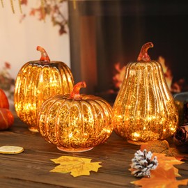 3 Pcs Glass Pumpkin Lights with Timer Fall Decor Pumpkins Decoration LED Lighted Collectible Thanksgiving Autumn Harvest Fall Decorations for Home Tables Centerpieces Decorative Small Figurines Orange