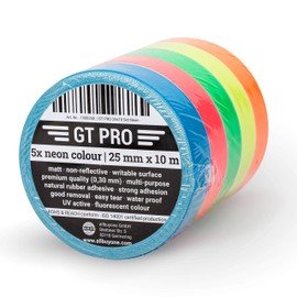 GRIP Eventbasics GT PRO Neon Tape Set of 5, Fabric Tape 25 mm x 10 m, Hula Hoop Tape Neon Green, Neon Pink, Neon Blue, Neon Orange, Neon Yellow
