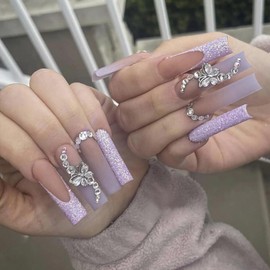 BABALAL Coffin Press on Nails Purple French Glue on Nails Butterfly Rhinestone Acrylic Nails Ballerina 24PCS False Nails for Women and Girls