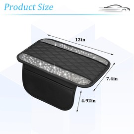 Bling Car Center Console Cover, Crystal Diamond Vehicle Arm Rest Cushion Pad with 2 Storage Bags, Auto Interior Armrest Storage Box Protector, Universal for SUV Automobile Truck (Black Silver)