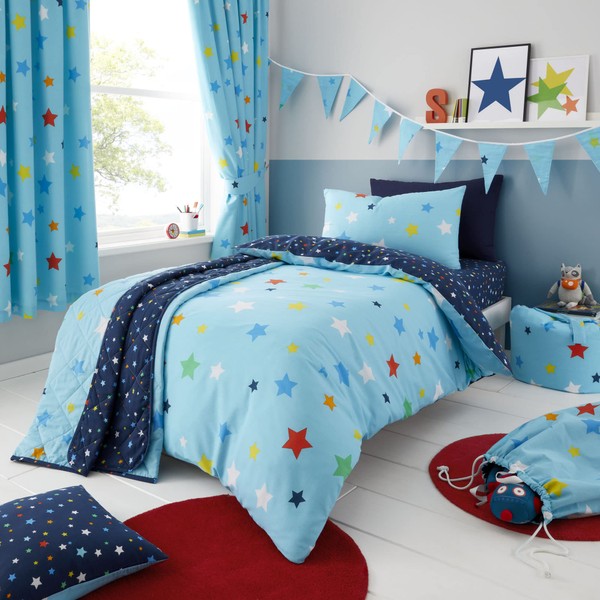 Happy Linen Company Girls Boys Kids Multi Stars Blue Toddler Cot Bed Reversible Duvet Cover Bedding Set