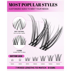 Venus Lash Clusters 8-16mm with 5-6mm Bottom Lashes Natural Eyelash Clusters D Curl -WideSpan DIY Eyelash Extension Individual Fake Eyelashes Clusters with 0.03mm Ultra-Thin Invisible Lash Band