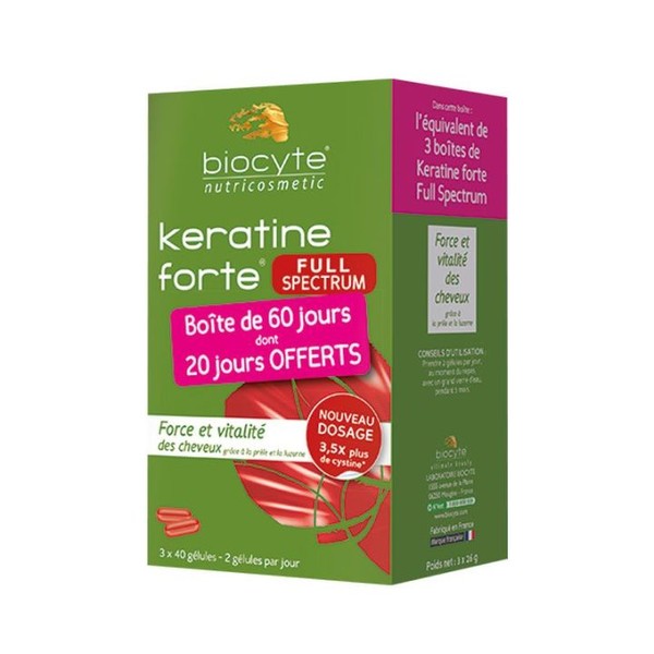 Biocyte Keratine forte Full Spectrum Force & vitalité du cheveu 40 Gélules, Set of 3 boxes