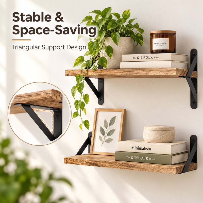 Wooden Floating Wall Shelf for Home Organization – Space-Saving Wall-Mounted