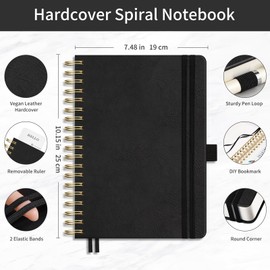 EMSHOI B5 Dotted Notebook, Spiral Notepad 150 Sheets/300 Pages, 100gsm, HardCover, Stencils, Pocket, Pen Loop, Ruler, Bookmark, Bullet Dot Grid Journal for Women Men Writing, 19 x 25.8cm, Black