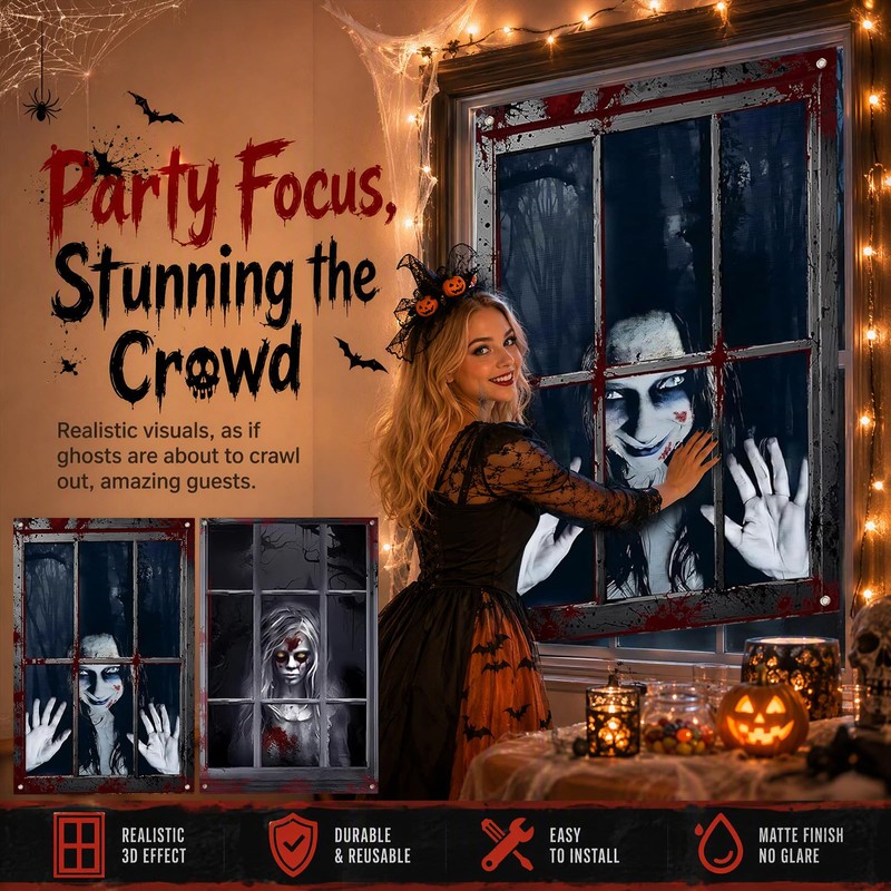 2 PCS Halloween Window Decorations Scary Ghost and Bloody Zombie