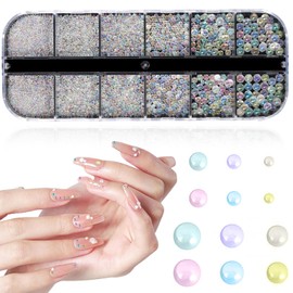 1 Box Nail Art Rhinestones, Colorful Beads for Nails, Semicircular Pearl Balls, Nail Pendants, Stainless Steel Beads, Colorful Flat Back Beads for Women, Nail Decorations