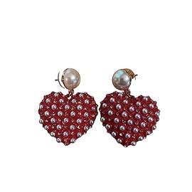 Betsey Johnson Gold Tone Faux Pearl & Red Enamel Heart Drop Earrings
