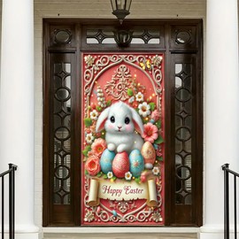 Starlit Patio Happy Easter Door Cover Decorations Bunny Easter Eggs Door Banner Happy Easter Day Party Background Accessory Spring Backdrop for Photography Home Decors Supplies 70.8 x 35.4 inch