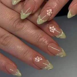 Flower Press on Nails Almond Cute Green French 3D Flowers Fake Nails Medium Acrylic Nails Press ons White Floral Full Cover Glossy Spring and Summer Stick Glue on Nails for Women Girls 24 Pcs