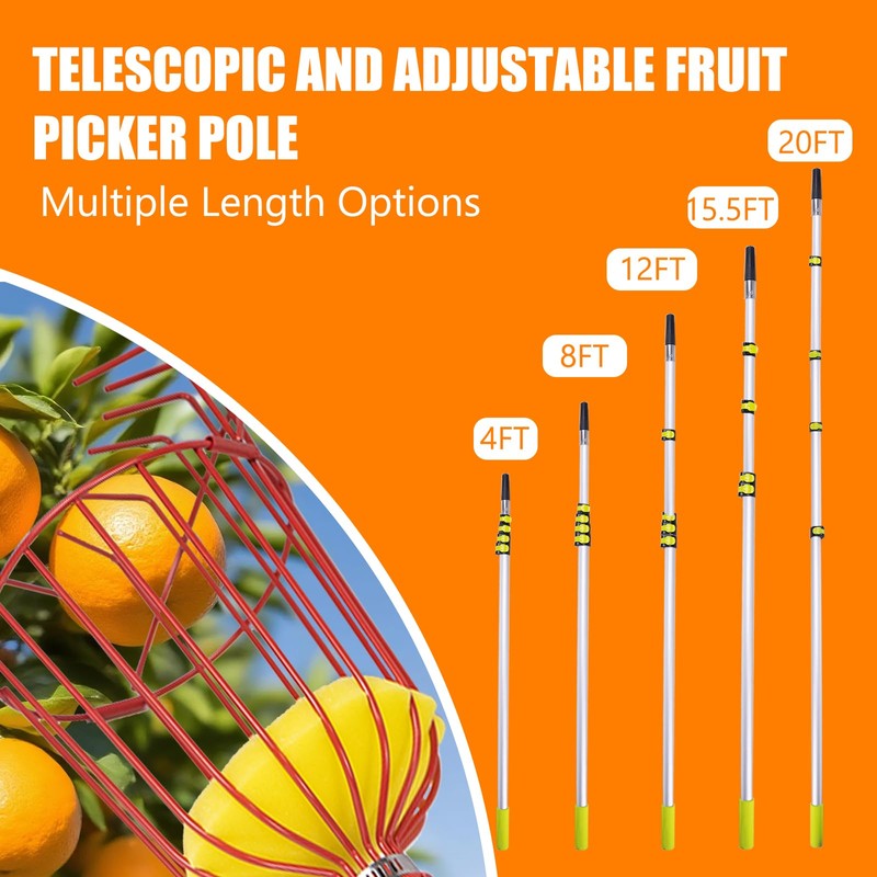 20FT Telescopic Fruit Picker With Wire Basket and Woven Basket,Adjustable