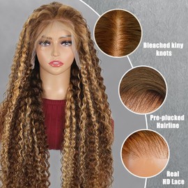 EARLR 24inch Highlight Curly Lace Front Wigs Human Hair Balayage Brown Highlight 13X4 Deep Wave Wigs Human Hair Ombre Curly Wig #4/27 Colored Wigs for Women 180% Density