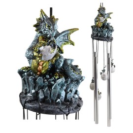 Ebros Gift Medieval Blue Dragon Egg Hatchling Standing On Crystal Rocks Figurine Crown Top Resonant Wind Chime with Miniature Wyrmlings Ornaments for Garden Patio Home Fantasy Dungeons and Dragons