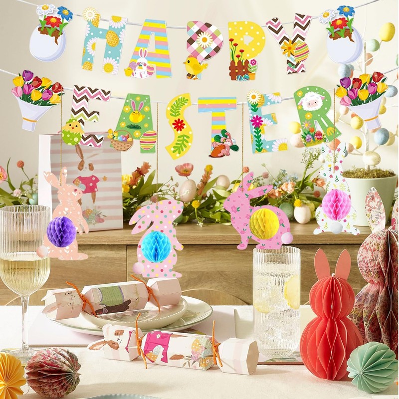 19 Pcs Easter Decorations,Easter Bunting,Easters Bunny Table Decorations For Home