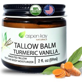 Aspen Kay Naturals Handmade 100% Grass Fed Beef Tallow Balm for Skin Care, Organic Turmeric Moisturizer + Vitamin C (Turmeric Vanilla) Organic Body Butter - 2 fl. oz. Made in USA