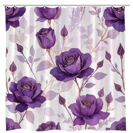 RJSMRJ Purple Rose Floral Shower Curtain Spring Fantasy Leaves Romantic Garden Flowers Violet Charming Elegant Women Bathroom Curtains Set Polyester Fabric Hooks 70" W x 70" L