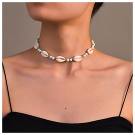 Inilbran Boho Shell Choker Necklace Vintage Blue Turquoise Scallop Necklace Blue Rice Bead Necklace Adjustable Seashell Chain Necklace Jewelry for Women and Girls
