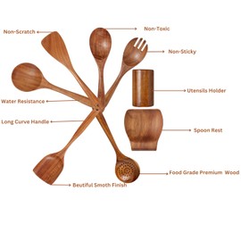 Wooden Cooking Spoon 9 Piece Non Toxic Kitchen Cooking Spoon with Spoon Rest Natural Teak Wood Utensil Smooth Curved Grip and Spautal Holder Cooking Utensils Non Stick