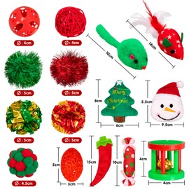 Whaline 17pcs Christmas Cat Toys Stocking Cat Stick 7 Cat Playing Balls Roller Bell 2 Mice Plush Snowman Plush Pepper Plush Christmas Tree Xmas Candy Pompoms Training Supplies for Pet
