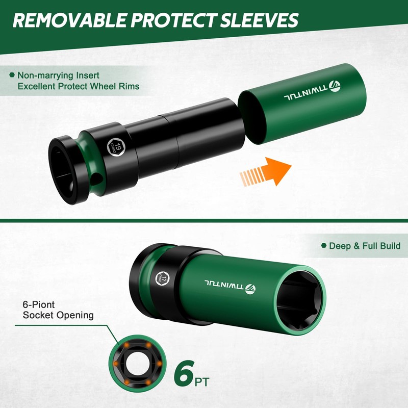 TIWINTUL 1/2" Wheel Protector Impact Socket Set, 5Pcs Non-Marring Lug