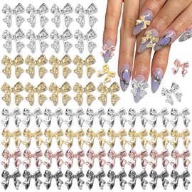 60 Pcs Metal Bow Nail Charms, Alloy 3D Golden Silver Gray Bowknots for Nails, Art Accessories Manicure DIY, Luxury Shiny Bow Tie Gems