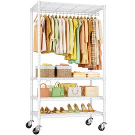 ULIFHOME P9 Rolling Garment Rack, 4 Tiers Heavy Duty Clothes Rack for Hanging Clothes, Portable clothes rack with 3 Adjustable Shelves, 35.4" L X 15.7" W X 80.5" H, Max Load 440LBS, White