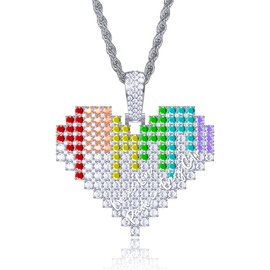ICEDIAMOND 18K Iced Out Pride Love Shape Pendant Chain Necklace, Gold Plated Bright Rainbow CZ Diamond Charm Hip Hop Jewelry for Men & Women (White)
