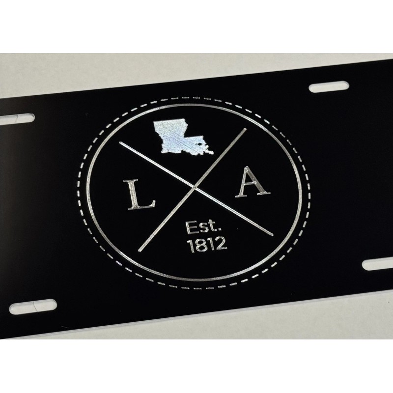 Diamond Etched LA Louisiana State Car Tag Black Metal Front