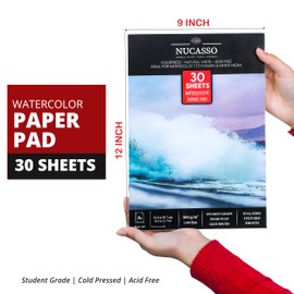 NUCASSO Watercolour Paper Pad A4 x 30 Sheets – Natural White 300 GSM Student Grade, Cold-Pressed, Glue Bound Water Colour Sketchbook for Wet, Dry & Mixed Media