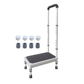 AOSSA Step Stool with Handle for Elderly, Adjustable Bedside Stepping Stool for Adults, Wide Step Platform with Handrail, Bed Grab Bar for Seniors High Beds Stairs