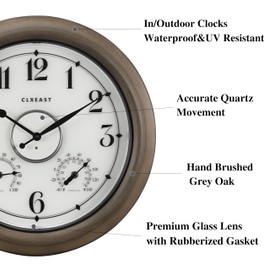 CLXEAST Illuminated Outdoor Clocks Waterproof 18 Inch with Smart Sensor,Large Outdoor Pool Clock with Temperature & Hygrometer,Grey Oak/Faux Barnwood,House Warming Gifts New Home