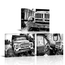 xiysien Old Truck Wall Art Farmhouse Rusty Car Canvas Wall Decor Vintage Country Truck Framed Artwork for Living Room Bedroom 12''x16''x3PCS