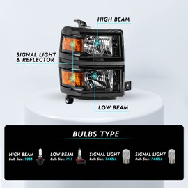 TUSDAR Fits For 2014 2015 Chevy Silverado 1500 Pickup Truck [Halogen OE Style] Headlights Replacement Pair Headlight Assembly Factory Headlamp LH+RH Driver & Passenger Side Bulbs Included